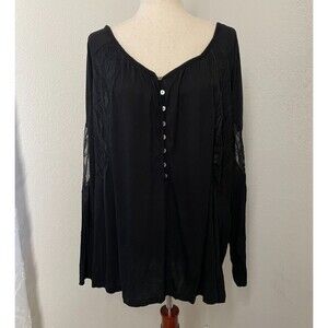 Nine West Womens Black Lace Sleeve Button Front Top Size 3X Witchy Goth Romantic